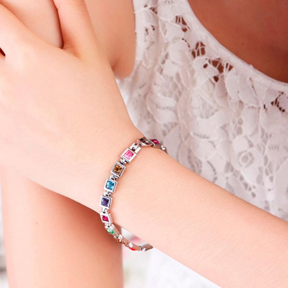 Women Jewelry Bling Princess Cut Rhinestone Inlaid Bracelet Bangle