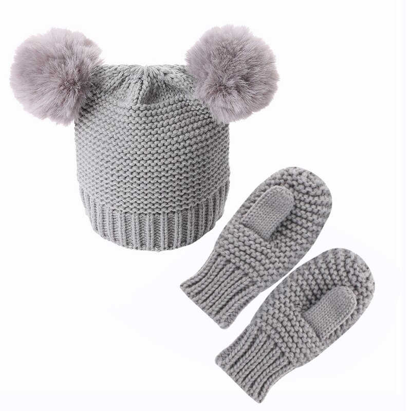 Unisex børn piger drenge baby spædbarn vinter varm hæklet strik hat beanie cap + vanter solid sæt baby handsker tilbehør: Grå
