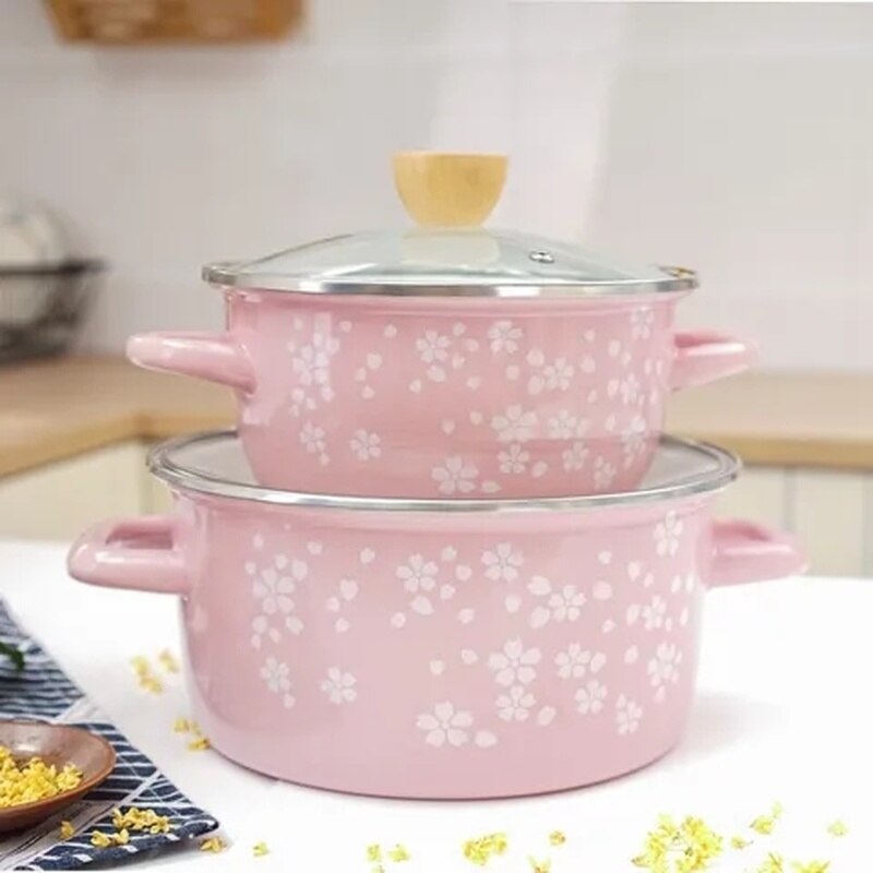 Enamel Enamel Soup Pot Noodle Pot Pot Binaural Induction Cooker Flat-bottom Gas Household Stewing Soup Thickening Retro Old