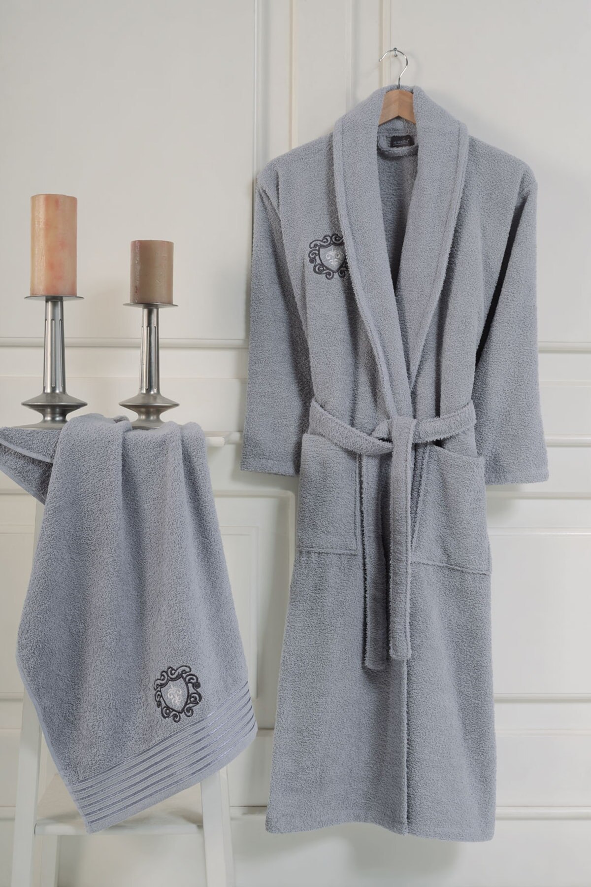 Embroidered 100 Cotton 2 Piece Male Bathrobe SET MEN WOMEN SET FAMILY COMBINED SOFT TEXTURED CHIC WHITE BATH ENGLISH QUALITY