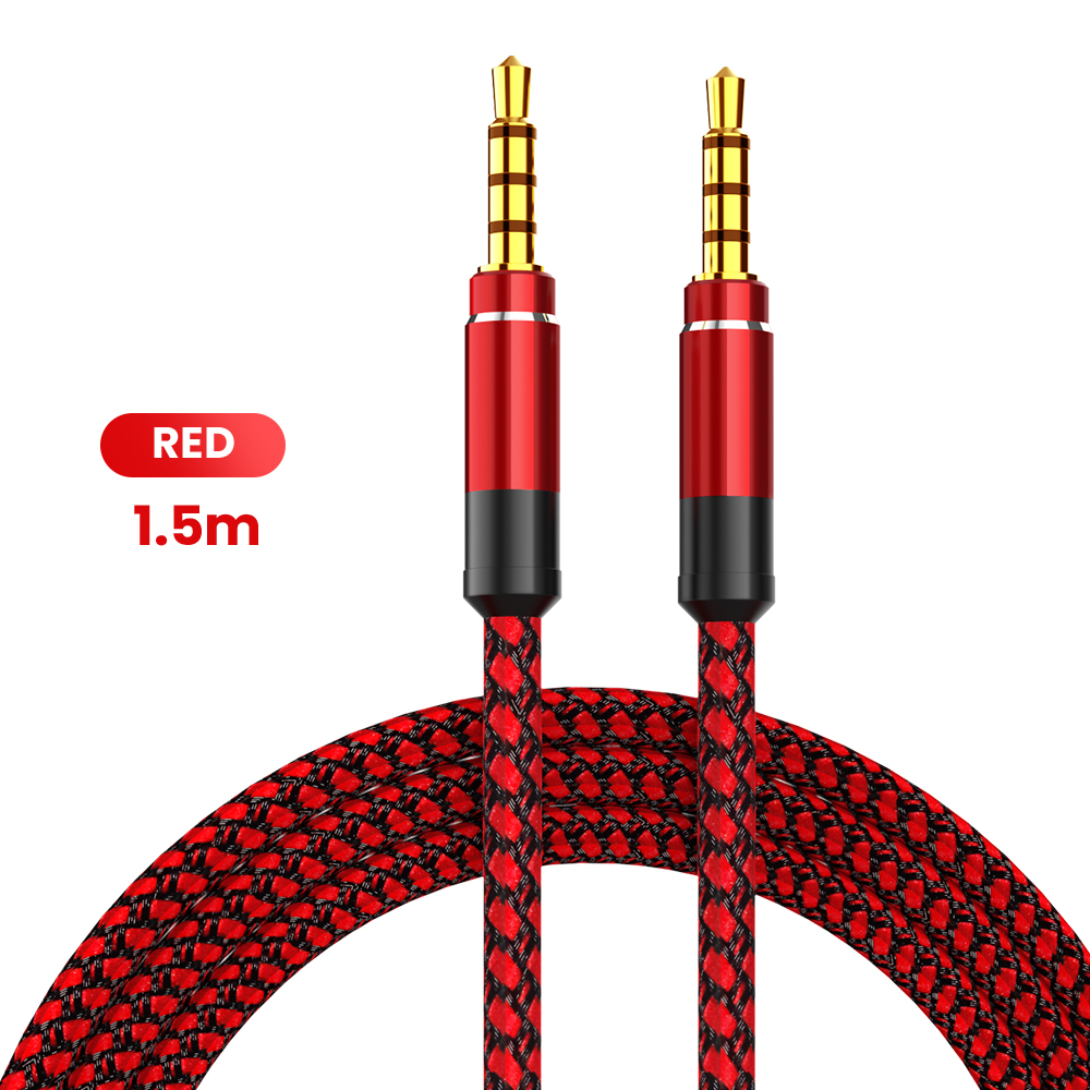 NNBILI 1.5M Jack 3.5mm Kabel audio Nylonowy oplot 3.5mm Samochodowy kabel AUX Przedłużacz słuchawek Kod do telefonu MP3 Samochodowy zestaw słuchawkowy Głośnik: Czerwony