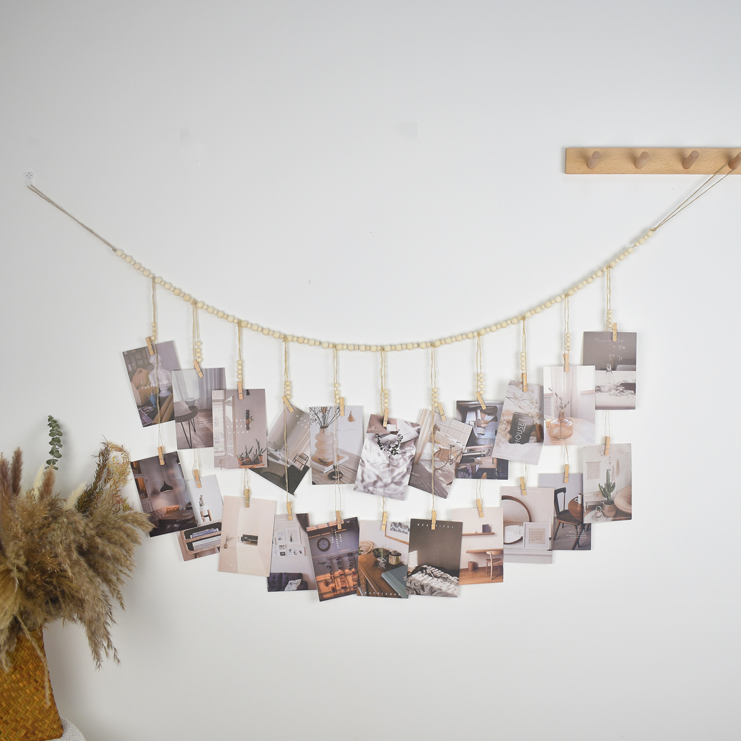 22 Clips para colgar fotos, guirnalda de cuentas de madera bohemia, colgante de pared para dormitorio, sala de estar, dormitorio, decoración de , para adolescentes y niñas: Amarillo claro