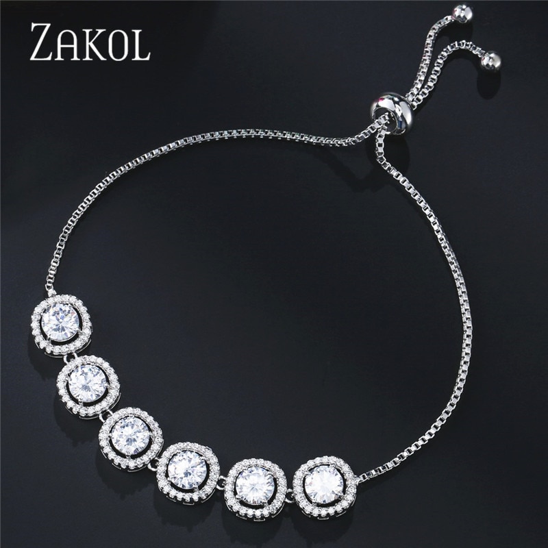 ZAKOL pulsera de eslabones de cadena ajustable de Zirconia cúbica redonda a la con brazaletes de cristal para mujeres bisutería India FSBP2067