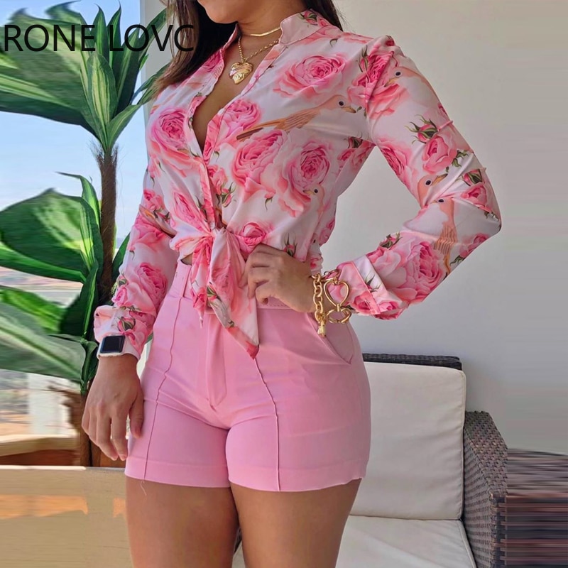 Blusa suelta de manga larga con cordón y estampado Floral para mujer: L