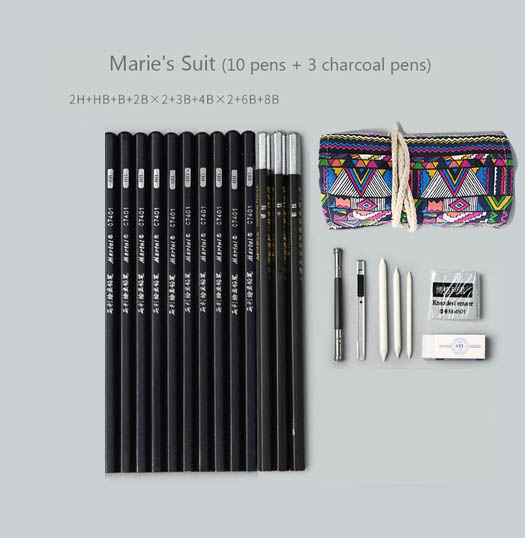 Marco pen sketch pencil drawing tool set beginner full set of brush student children sketch charcoal art supplies: marie s 13 pencils