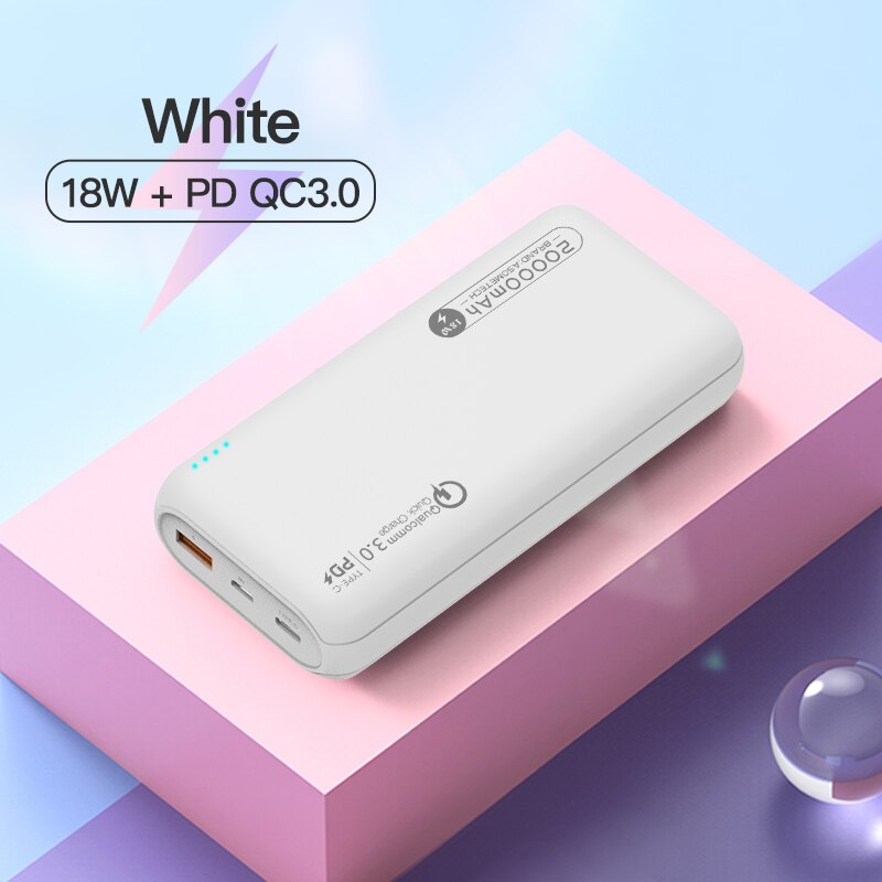 Power Bank 20000mAh Portable Charger Type C PD 3.0 Quick Charge 3.0 Fast Charging Powerbank External Battery for iPhone Xiaomi: White