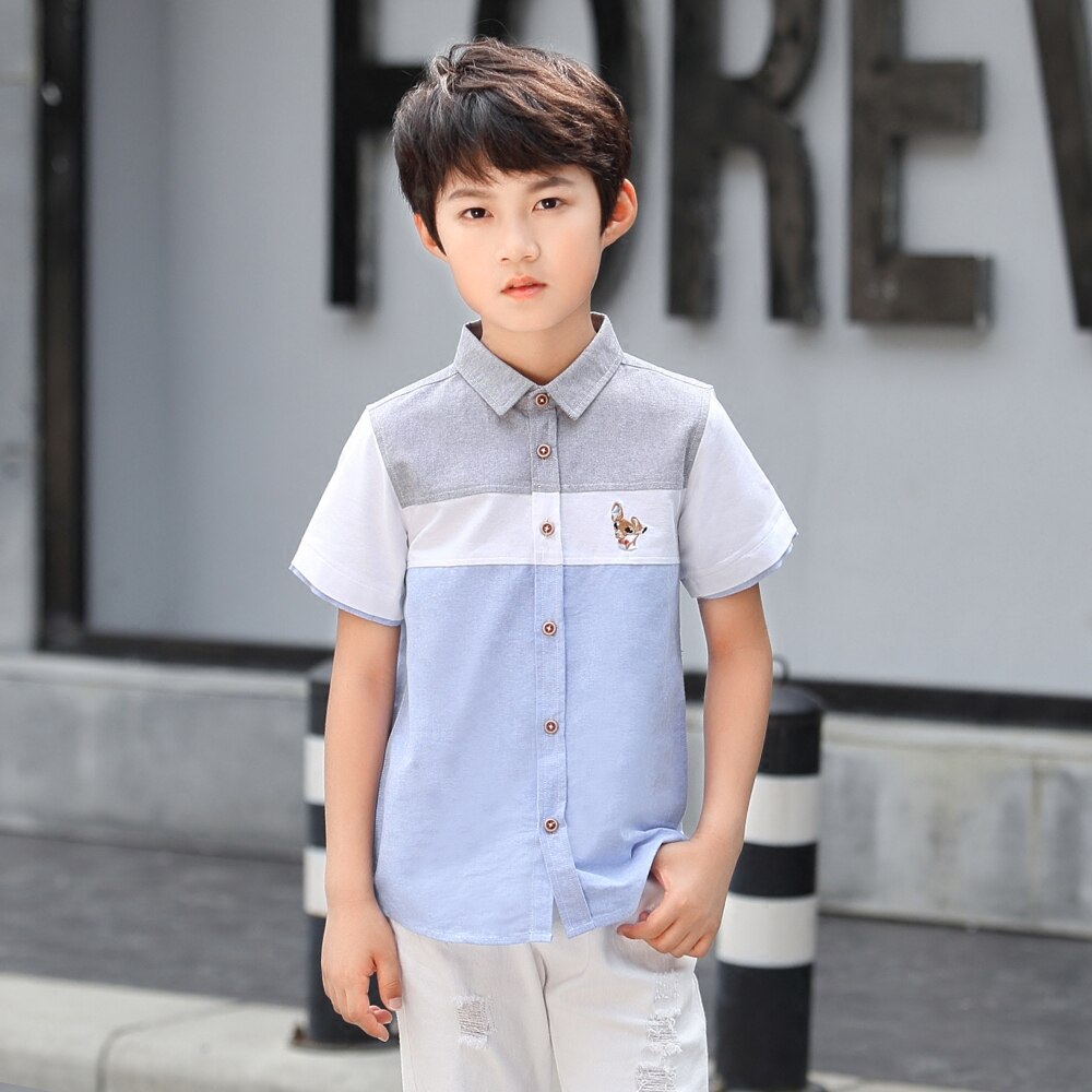 Jongens overhemd met lange mouwen, katoenen overhemd met knoopjes, geborduurde blouse, overhemden voor tienerjongens, top 3-14 jaar