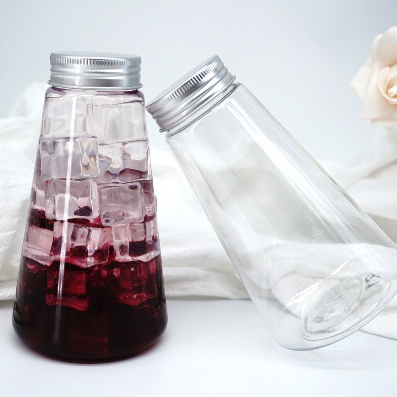 10Pcs Netto Rood 350Ml Transparante Fles Huisdier Plastic Takeaway Verpakking Koud Drankje Ijs Koffie Sap Melk Thee Flessen met Deksels