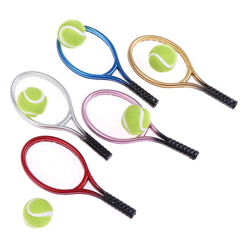 2Pcs 1:6 /1:12 Miniatuur Kinderen Tuin Mini Tennisracket & Ball Poppenhuis Poppenhuis Accessoire