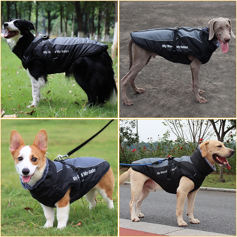 Waterdichte grote hondenkleding Winterhondjas met harnas Harige kraag Warme huisdierkleding Grote hondenjas Labrador Bulldog-kostuum