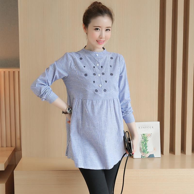 Autumn Maternity Shirts Summer Blouse Tops Clothes for Pregnant Women Waist Pleated Embroidery Cotton Shirts Pregnancy Clothes