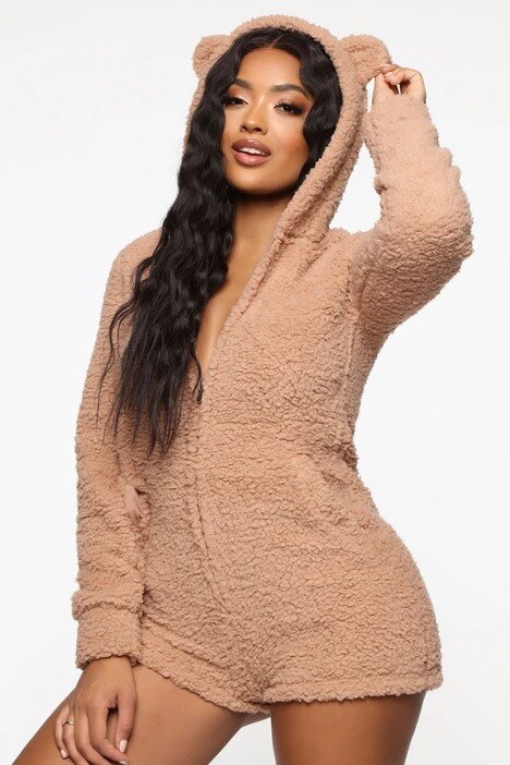 Women Cartoon Bear Sleepwear Solid Color Long Sleeve Side Pockets Warm Fuzzy Hooded Romper Short Jumpsuit Ladies Casual Homewear