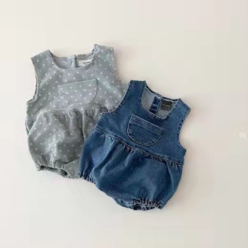2022 Baby-jeansbodys, ärmellos, sommerkleidung für jungen und mädchen, mit Polka-Punkt-aufbringen, süßer Overall, kinderoverall-Outfit