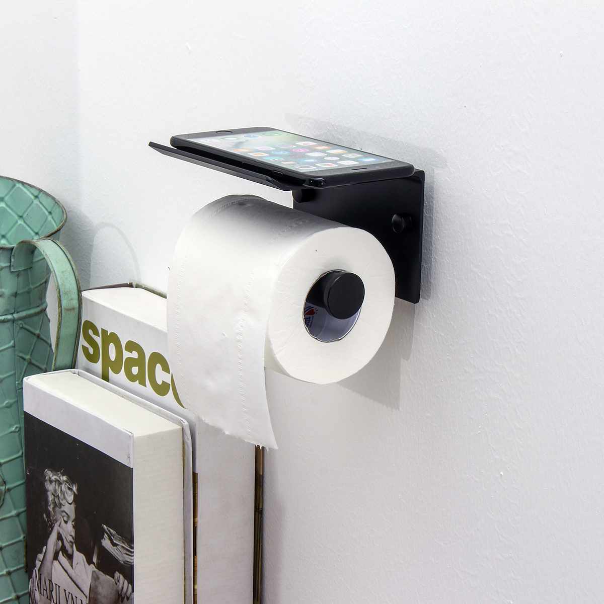 Papier Houders Badkamer Accessoires Wc WC Papier Houder Mobiele Telefoon Rolhouder met Plank Handdoekenrek Zwarte