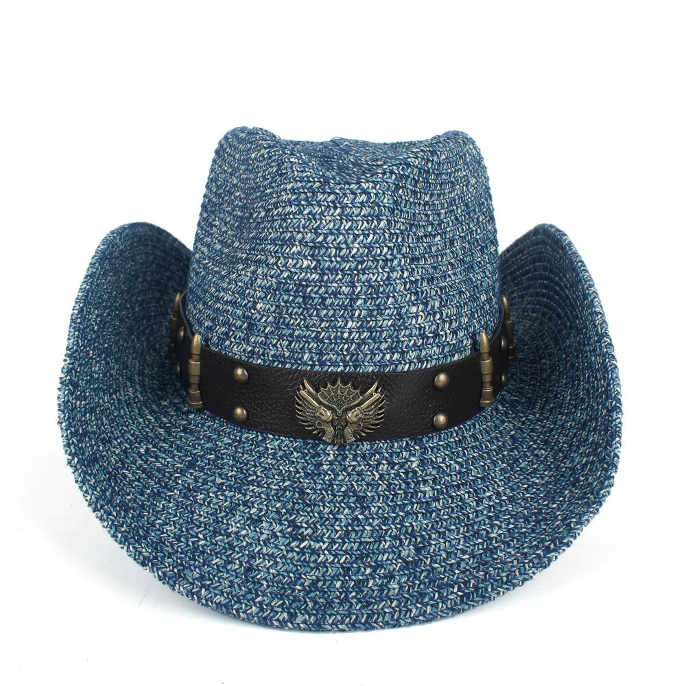 Kvinner menn halm hul vestlig cowboyhatt dame pappa sommer punk belte sombrero hombre Strand cowgirl jazz solhatt str 57-59cm: Mørke blå