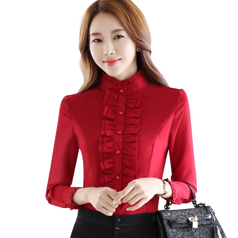 Camisa Formal de manga larga de otoño para mujer, blusa de chifón Rufflus de Color con soporte y para oficina, Tops de talla grande para mujer