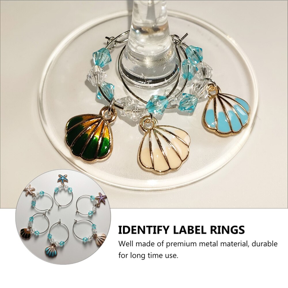 6Pcs Shell Hanger Glas Ringen Identificeren Label Ring Oceaan Stijl Glas Marker