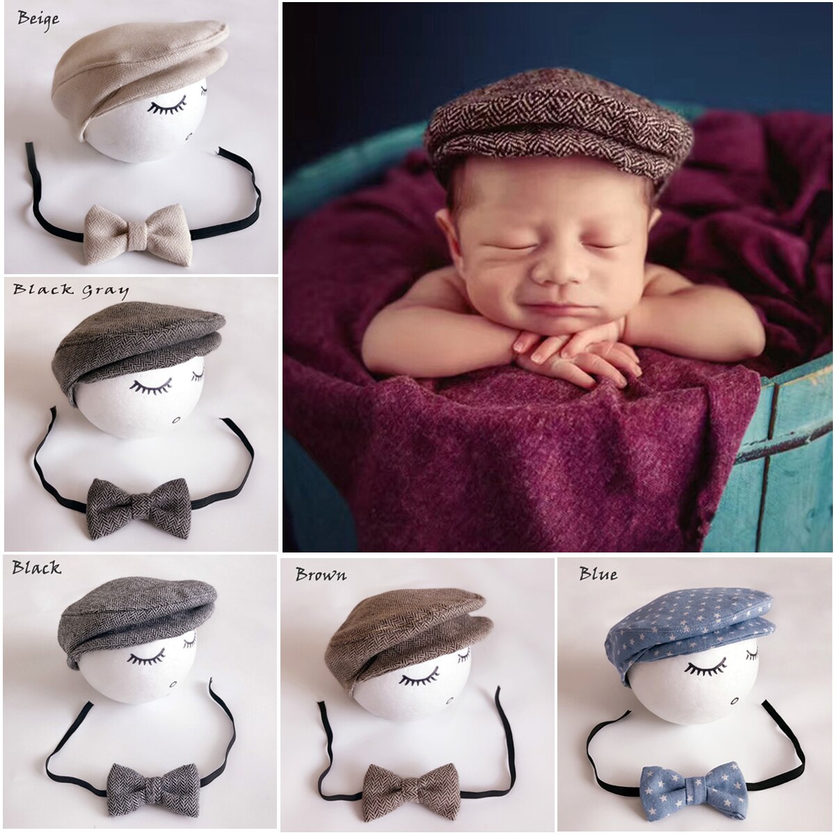 2pcs/SetBaby Newborn Infant Peaked Beanie Cap Hat with Bow Tie Photo Photography Prop Infant Boy Caps