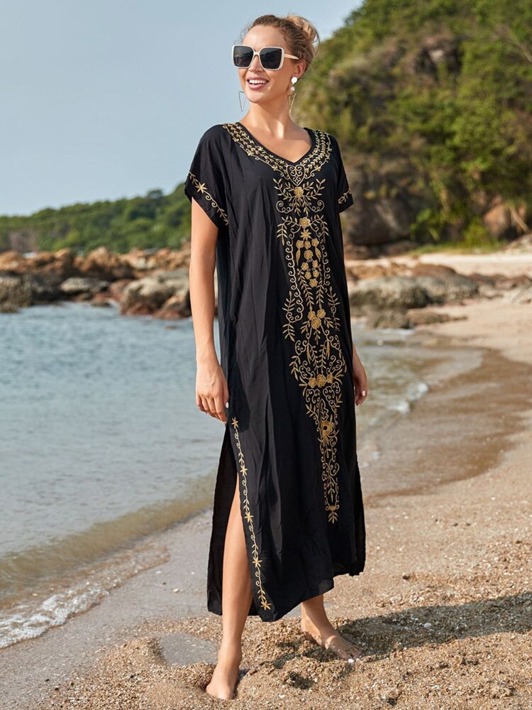 Beach Long Dress Oversized V Neck Short Sleeve Summer Dress Batwing Sleeve Embroidery Maxi Dress Loose Beach Cover Up
