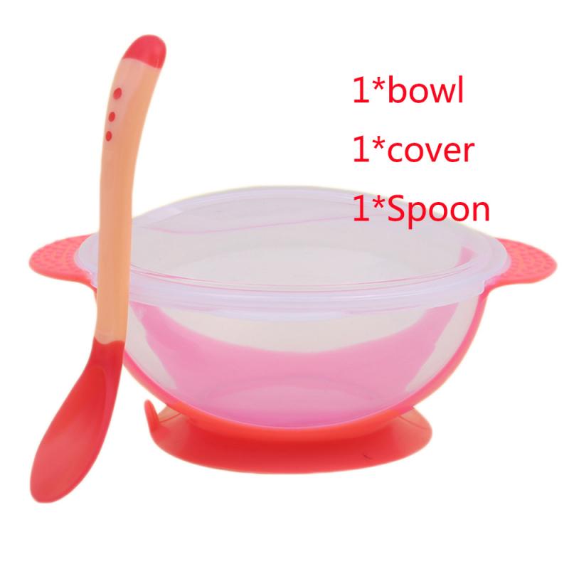 Baby Feeding Training Bowl Temperature Sensing Spoon Assist Suction Cup Tableware Set M: Pink