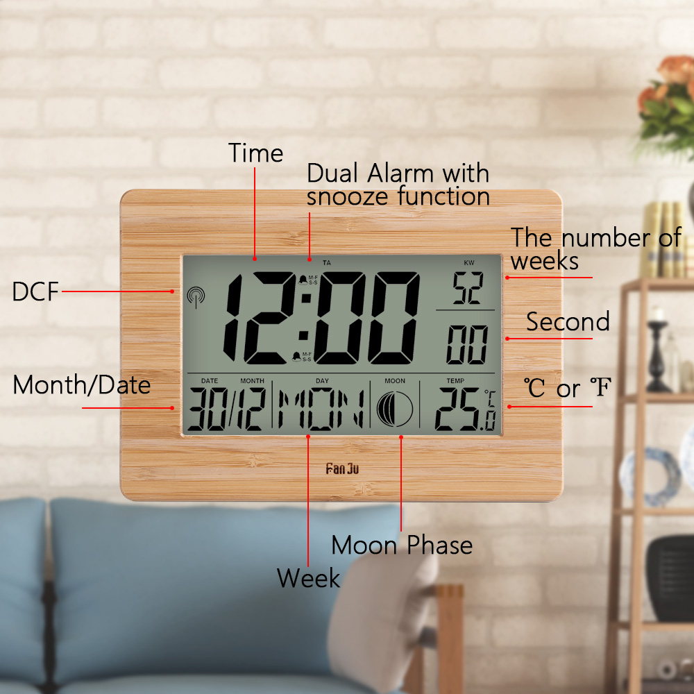 FanJu FJ3530 LCD Digital Wall Clock Alarm Big Size Number Multifunction Temperature Table Clocks Bedside thermometer Large clock