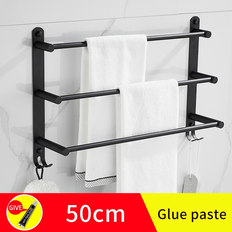 Bathroom stainless steel towel bar towel holderwall mounted screw free installation black towel holder shelfs racks with hooks: B-50cm(glue paste)