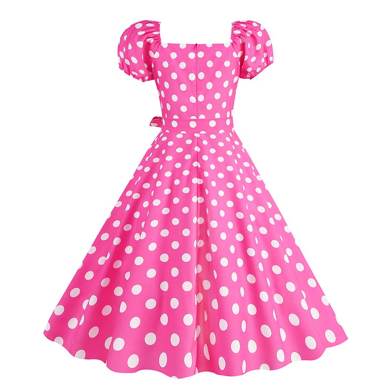 Plaid Print Retro Women Dress Puff Short Sleeve 50s Summer Polka Dot Midi Party Dresses