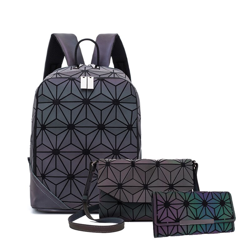 Nuovo Luminoso Zaino Delle Donne Zaino Reticolo Set Scuola Zaini per Teenage Girl Borse da Scuola Olografica Frizione Della Borsa Mochila: 3-piece set B