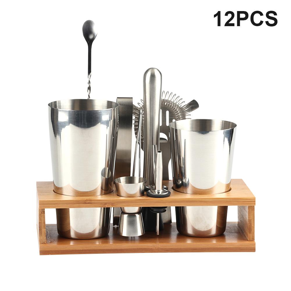 12pcs Cocktail Shaker Bartender Kit with Stylish Wooden Stand 800ML Stainless Steel for Home Bar Party