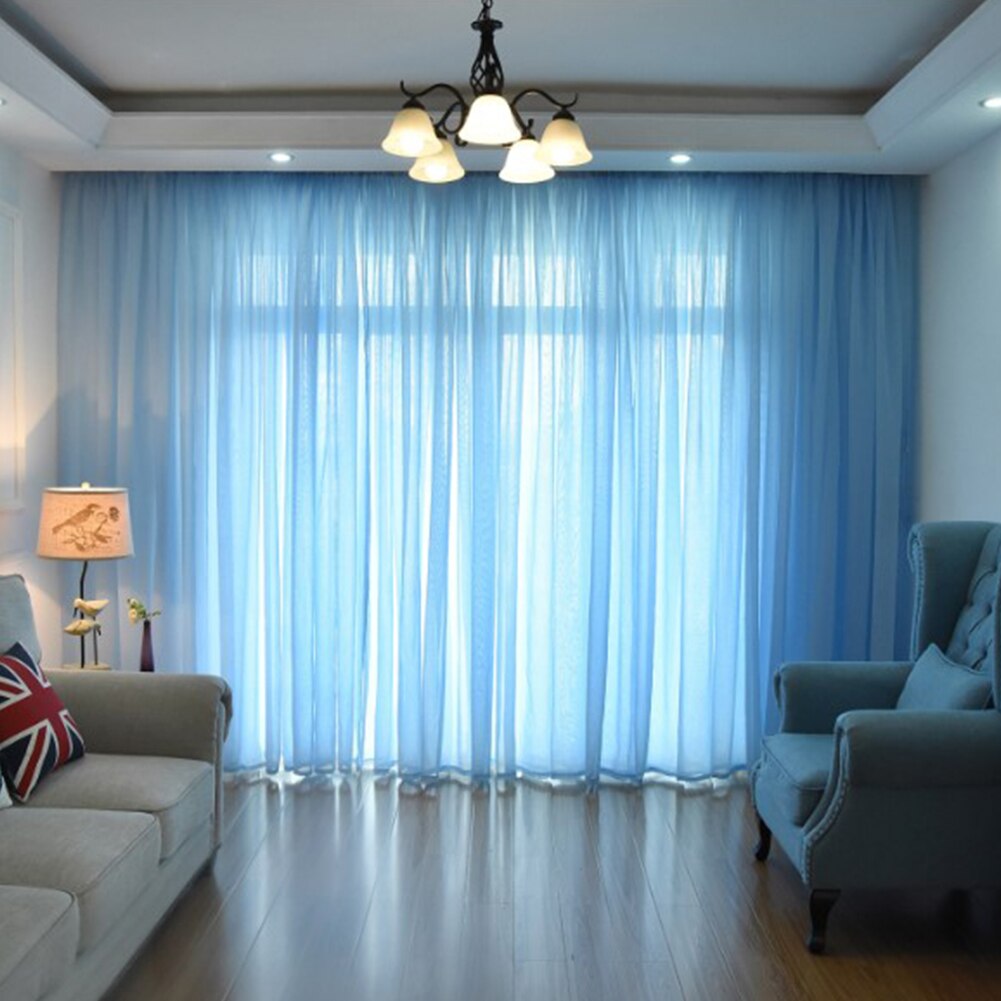 Moderne ensfarvede vindues tyl gardiner til stue soveværelse organza voile gardiner hotel dekoration garngardiner: Himmelblå