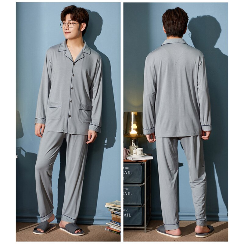 MELIFLE automne tout coton hommes vêtements de nuit col rabattu ample solide à manches longues pyjamas ensemble loisirs Masculino nuisette