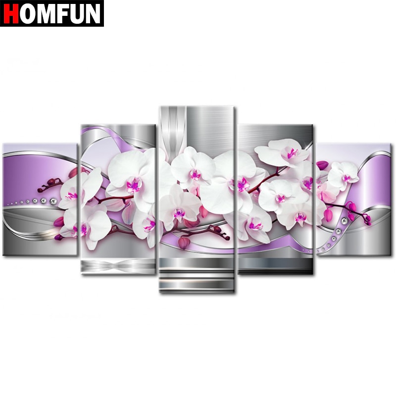 HOMFUN 5 pcs Volledige Vierkante/Ronde Boor 5D DIY Diamant Schilderij "Bloem orchidee" Multi-picture Combinatie borduurwerk 5D Decor