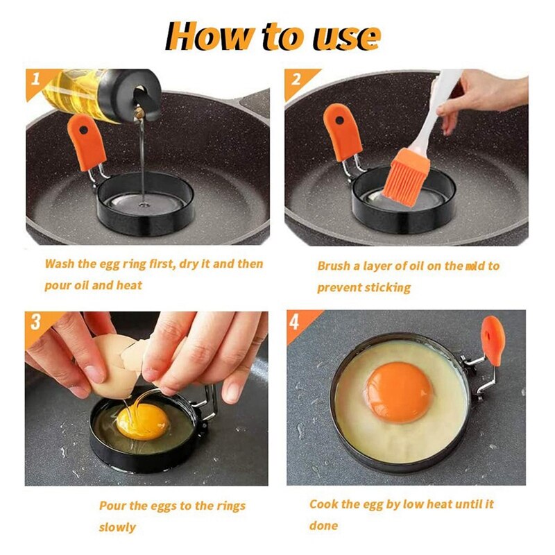 4 Pack Egg Rings,Stainless Steel Round Egg Cooker Rings Non Stick with Anti-Scalding Handle and Oil Brush