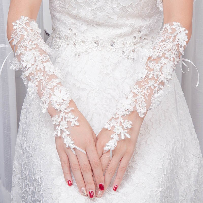 1 par hvide lange blonder brude brudehandsker fingerløs brudekjole billigt tilbehør rhinestone simuleret perle dekoreret