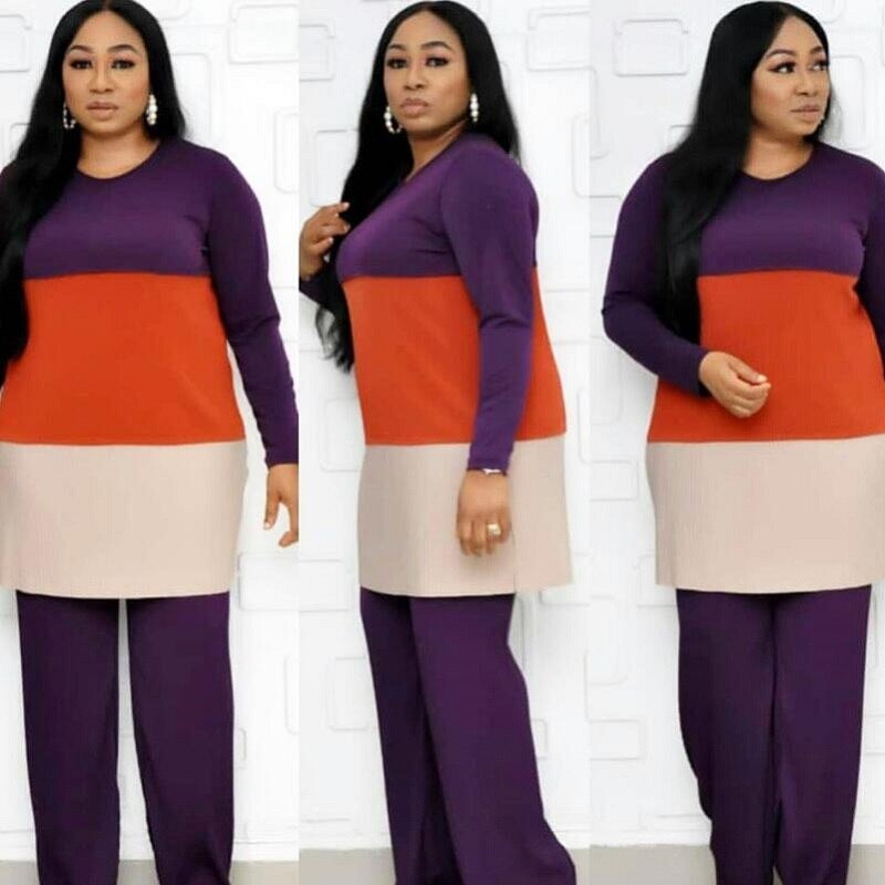 Autumn clothes big size 2 piece set women color lump spliced long tops and loose long pants 2 piece set casual outfit DJN1: Purple / 5XL