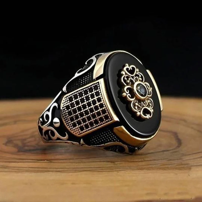Bague chevalière turque faite à la main pour hommes, Vintage, tendance, bicolore incrusté de Zircon noir, aigle en métal, Punk, bijoux rétro pour fête de mariage: 12 / Black