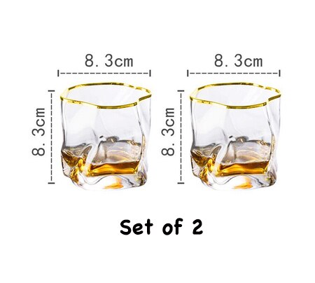 2 PCS 250ml Distorted Shape Whisky Glasses Old Fashioned Glass Water Glass,Juice Glass Set of 2: Gold Band set of 2