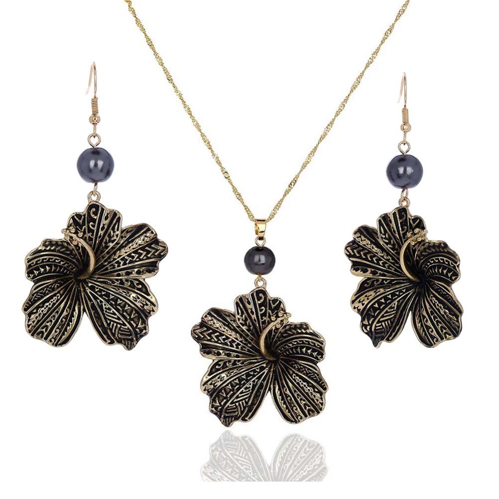 Cring Coco Mode Hibiscus Bloemen Sieraden Set Vrouwen Hawaiian Polynesische Vergulde Ketting Oorbellen Set: ZH0057GOGR
