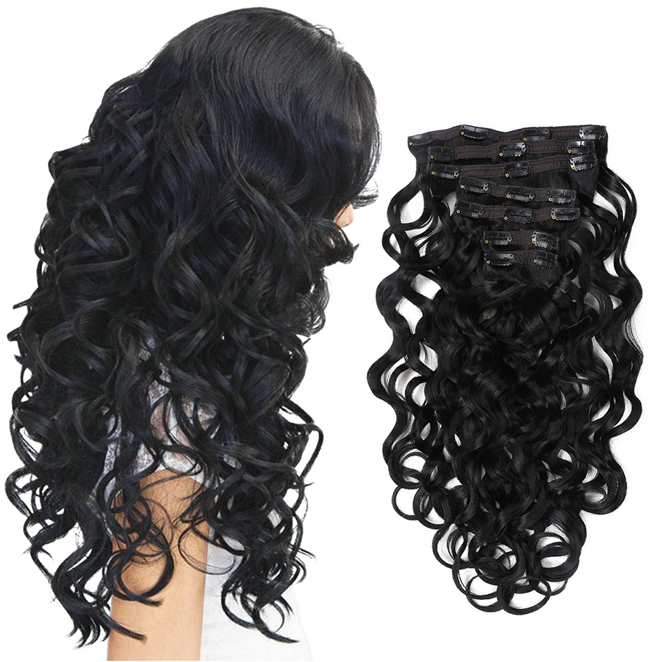Deep Wave Synthetic Clip In Hair Extensions Double Weft 7 Pieces/Lot Full Head Brown Blonde For Women By BOOMING HAIR: BW 24inch 1B