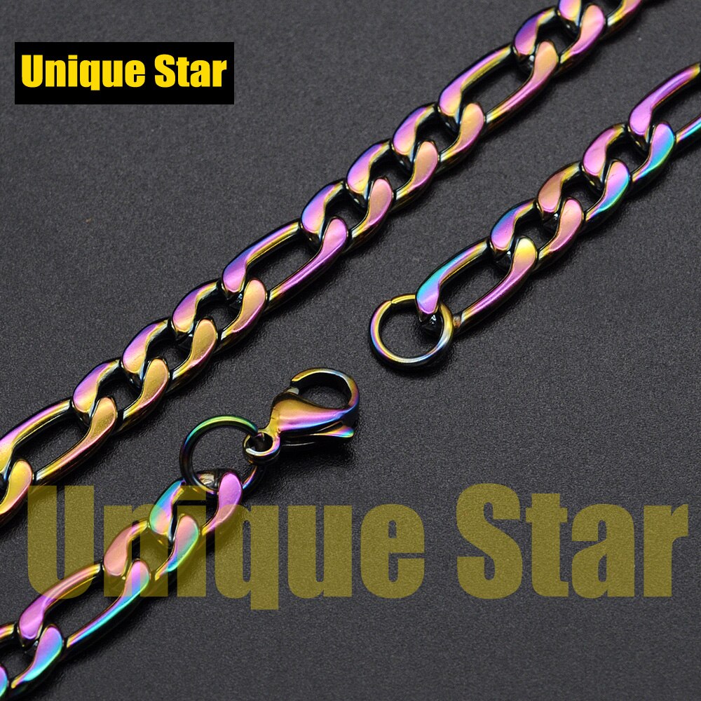 3pcs/lot 7mm 100% Stainless Steel Figaro Hip Hop Chain Necklace for Men Gold Rainbow Jewelry Chains