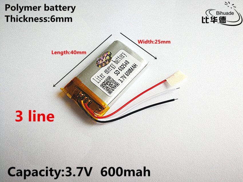 3 line Good Qulity 3.7V,600mAH,602540 Polymer lithium ion / Li-ion battery for TOY,POWER BANK,GPS,mp3,mp4