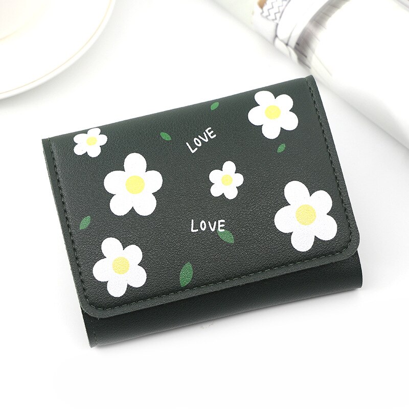 Japanese Mini Wallet Female Small Ultra-thin Cute Floral Tri-fold Leather Coin Purse Simple Short Student Mini Card Holder: Green