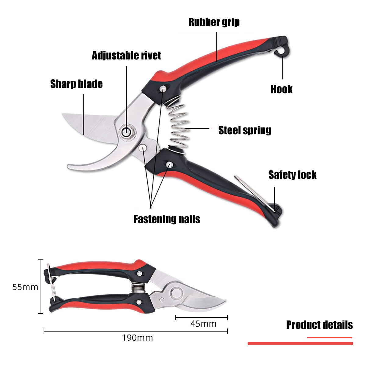 Bypass Pruner Stainless Steel Pruning Shears Garden Cutting Tool Max. Cut Thickess of 1.96in for Rose Bushes Patio Lawn Bonsai