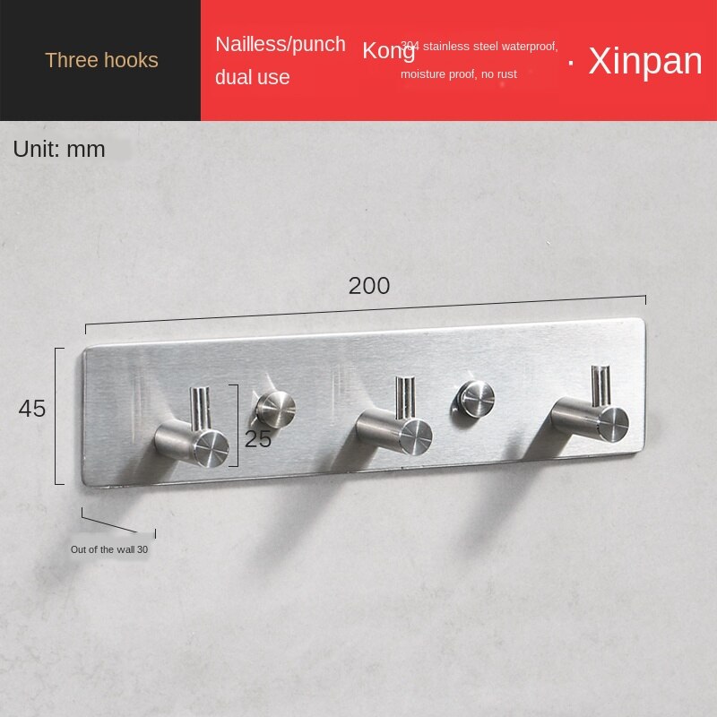Rustproof SUB 304 Stainless Steel 3m Sticker Wall Mounted Hooks Rail Bathroom Kitchen Bar Wall Hook for Clothes Keys Towel WF: 3 hook