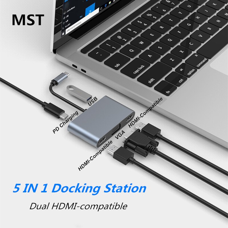 Usb type c hub til hdmi-kompatibel mst 4k vga usb c hub dokkingstasjon  rj45 lan ethernet sd tf til macbook usb hub adapter: 5 i 1