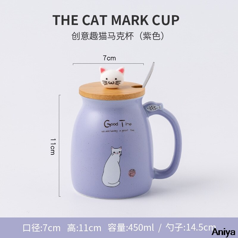 Cartoon Ceramics Cat Mug With Lid and Spoon Coffee Milk Tea Mugs Breakfast Cup Drinkware Heat-Resistant Mug Color: purple mug