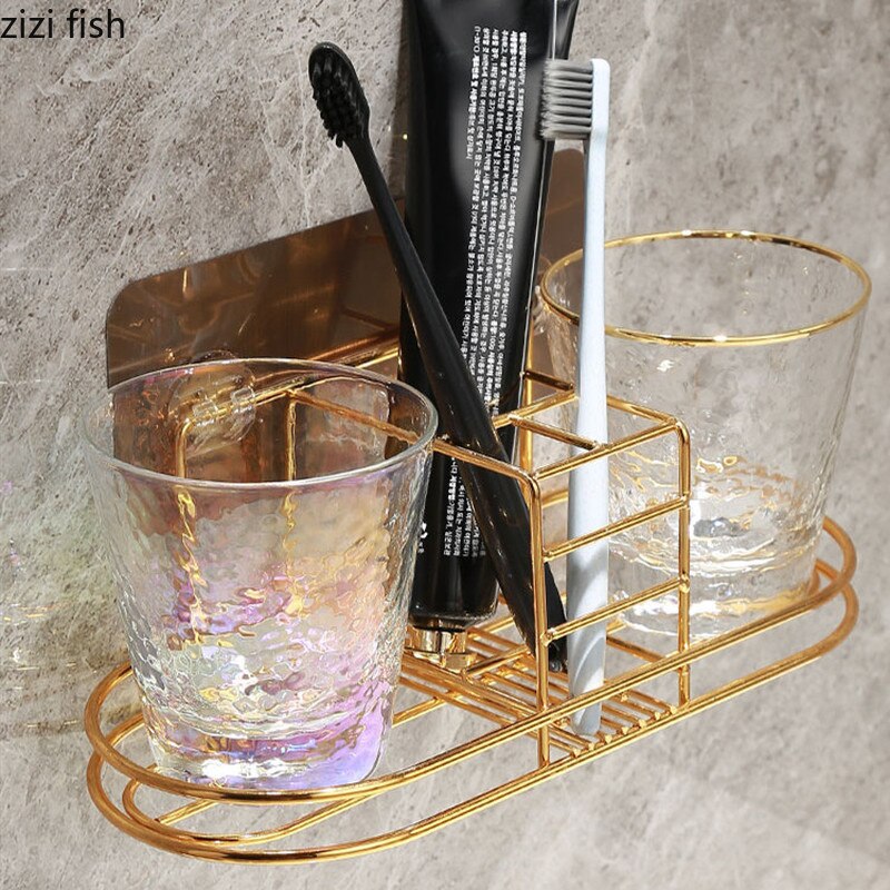 Conjunto de vasos de lavado de pared/escritorio soporte para vaso de baño de Metal suministros de vidrio enjuague bucal taza cepillo de dientes pasta de dientes estante de almacenamiento colgante de pared