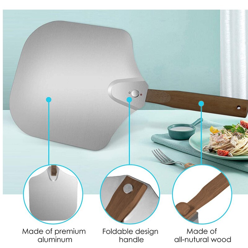 D2-Pala de aluminio plegable para Pizza, pala con mango de madera de 16 y 14 pulgadas, Kit de accesorios para horno de cocina, herramienta portátil para hornear barbacoa