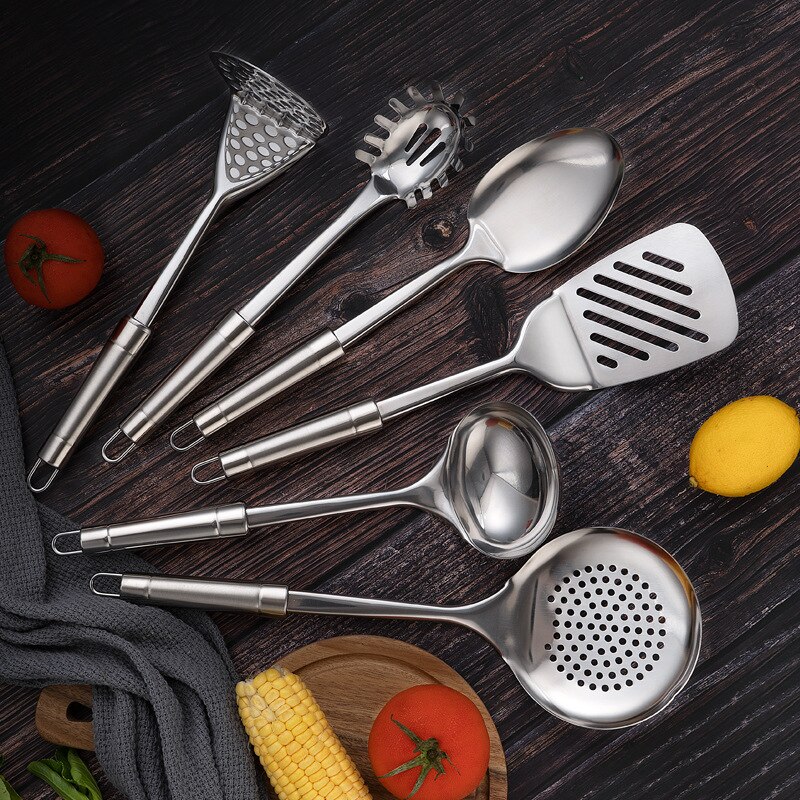 6-piece Stainless Steel Cooking Kitchenware Set Spoon Slotted Spatula Frying Spatula Pasta Scoops Cooking Kitchen Utensil Set