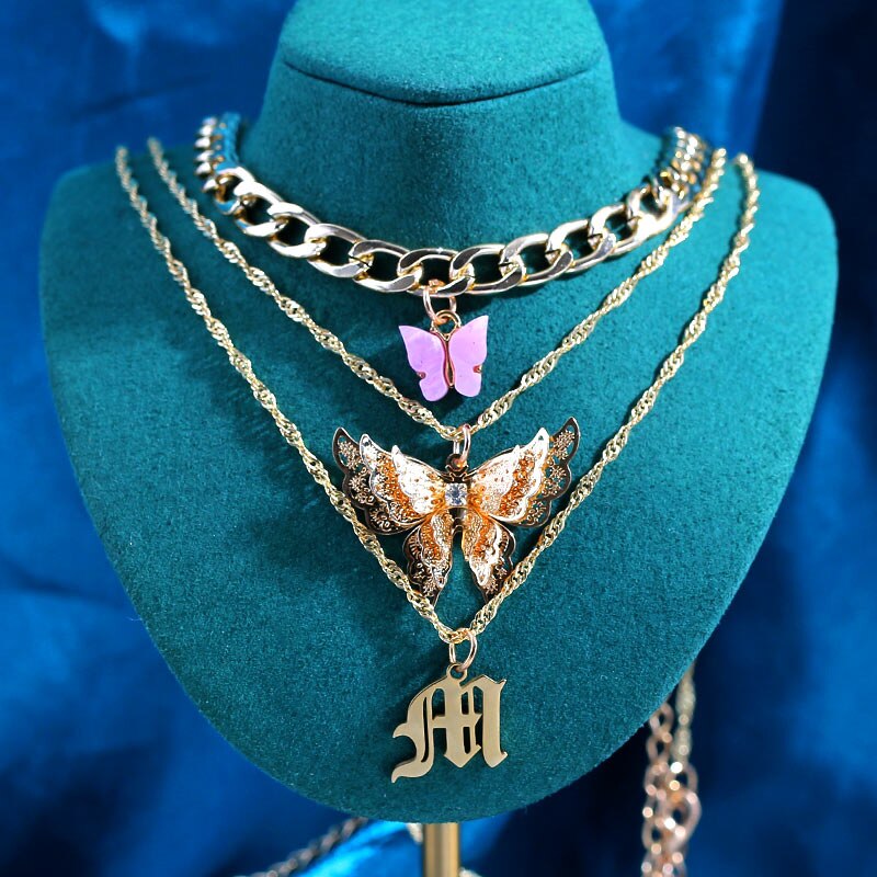 Flatfoosie 3Pcs/Set Gold Color Butterfly Choker Necklace for Women Multilayer Letter Pendant Necklace Jewelry Party